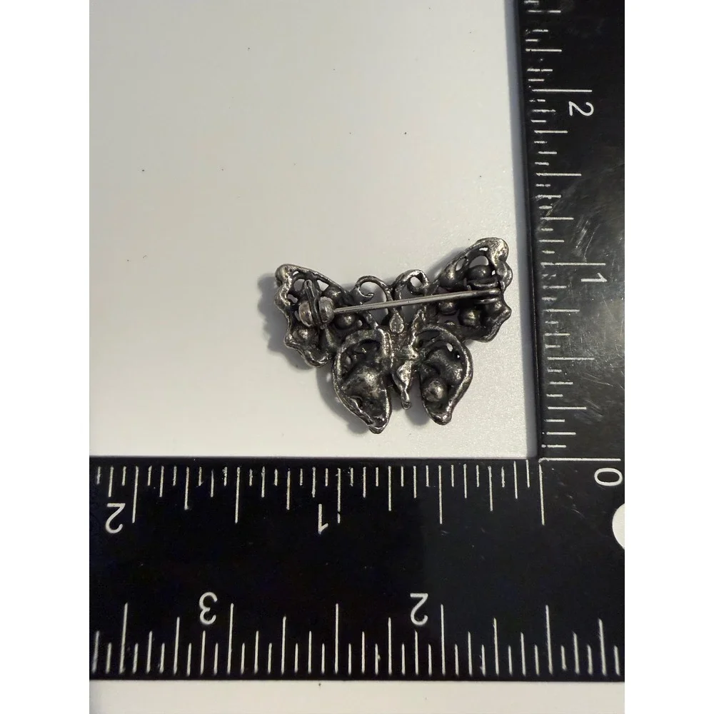 Vintage‎ Silver Tone Pink Rhinestone Butterfly Brooch Pin Filigree Whimsical